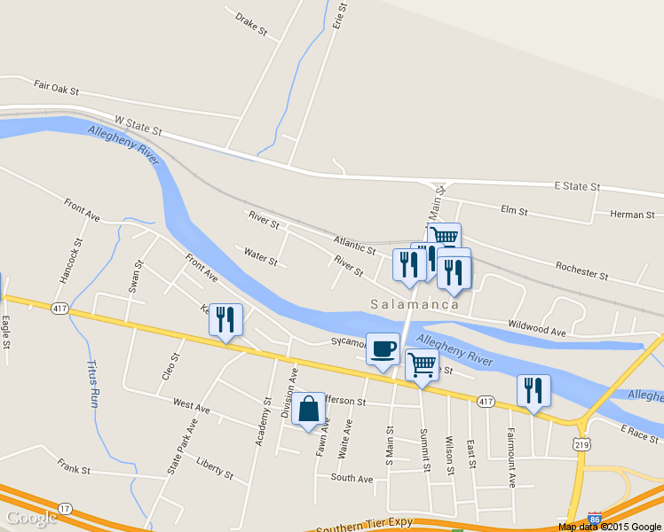 map of restaurants, bars, coffee shops, grocery stores, and more near 101 River Street in Salamanca