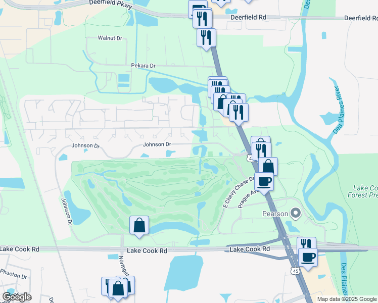 map of restaurants, bars, coffee shops, grocery stores, and more near 1531 Johnson Drive in Buffalo Grove