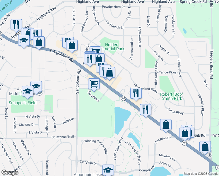 map of restaurants, bars, coffee shops, grocery stores, and more near East Algonquin Road in Algonquin