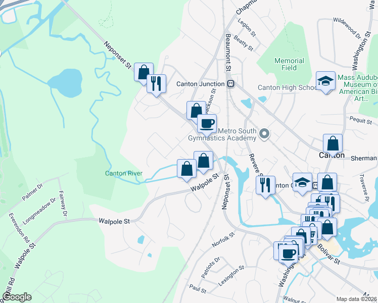 map of restaurants, bars, coffee shops, grocery stores, and more near 10 Whitfield Way in Canton