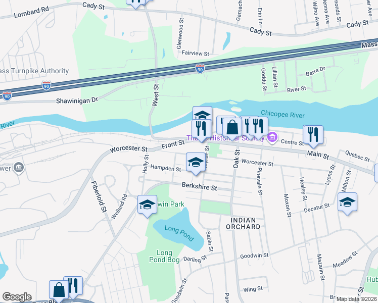map of restaurants, bars, coffee shops, grocery stores, and more near 1128 Worcester Street in Springfield