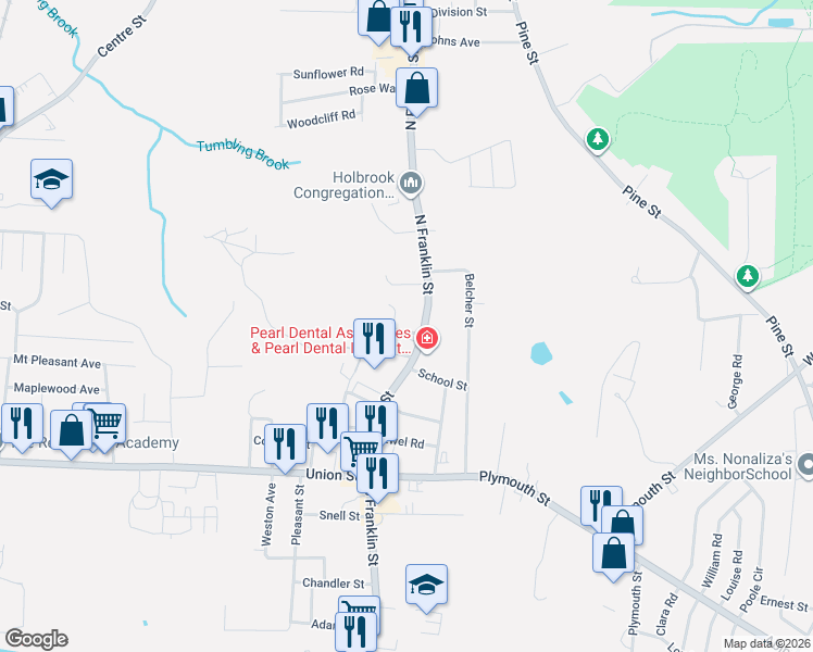 map of restaurants, bars, coffee shops, grocery stores, and more near 9R Sunset Avenue in Holbrook