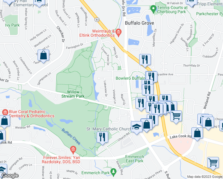 map of restaurants, bars, coffee shops, grocery stores, and more near 306 Vintage Lane in Buffalo Grove