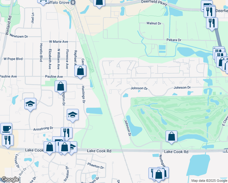 map of restaurants, bars, coffee shops, grocery stores, and more near 1124 Johnson Drive in Buffalo Grove