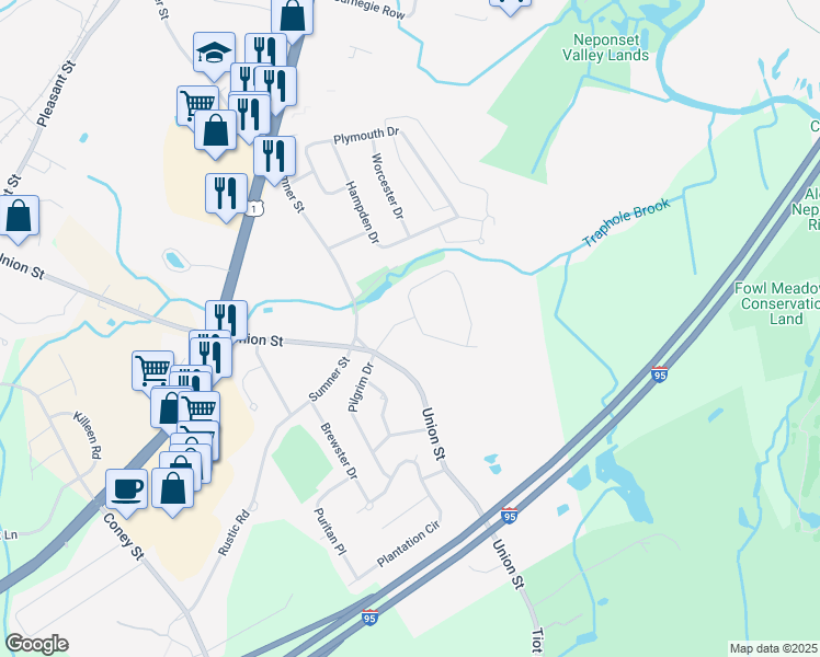 map of restaurants, bars, coffee shops, grocery stores, and more near 23 Coach Lane in Norwood