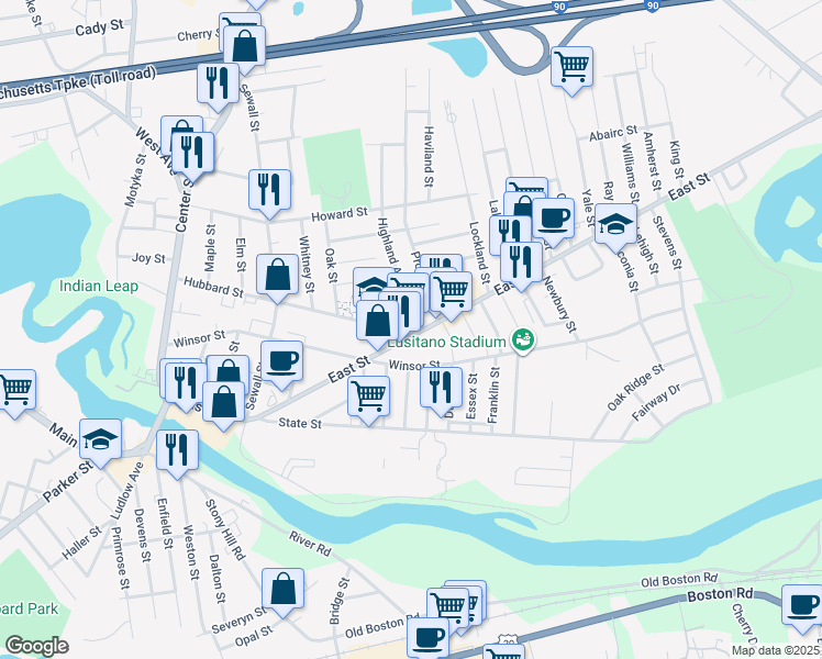 map of restaurants, bars, coffee shops, grocery stores, and more near 263 East Street in Ludlow