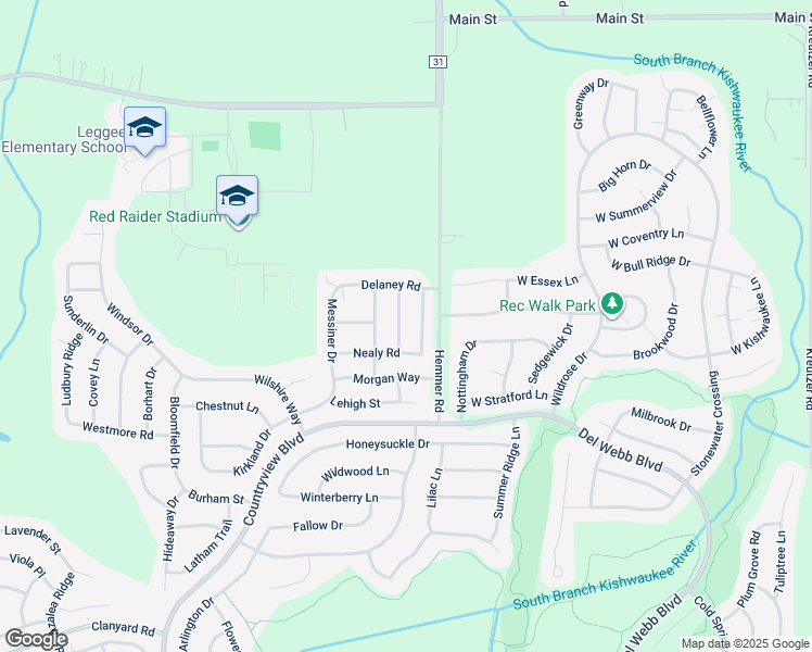 map of restaurants, bars, coffee shops, grocery stores, and more near 11702 Evergreen Lane in Huntley