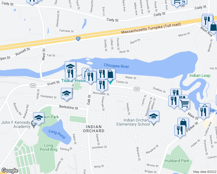map of restaurants, bars, coffee shops, grocery stores, and more near 1288R Worcester Street in Springfield
