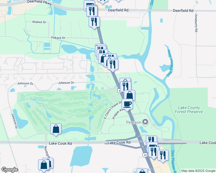 map of restaurants, bars, coffee shops, grocery stores, and more near 1726 Johnson Drive in Buffalo Grove