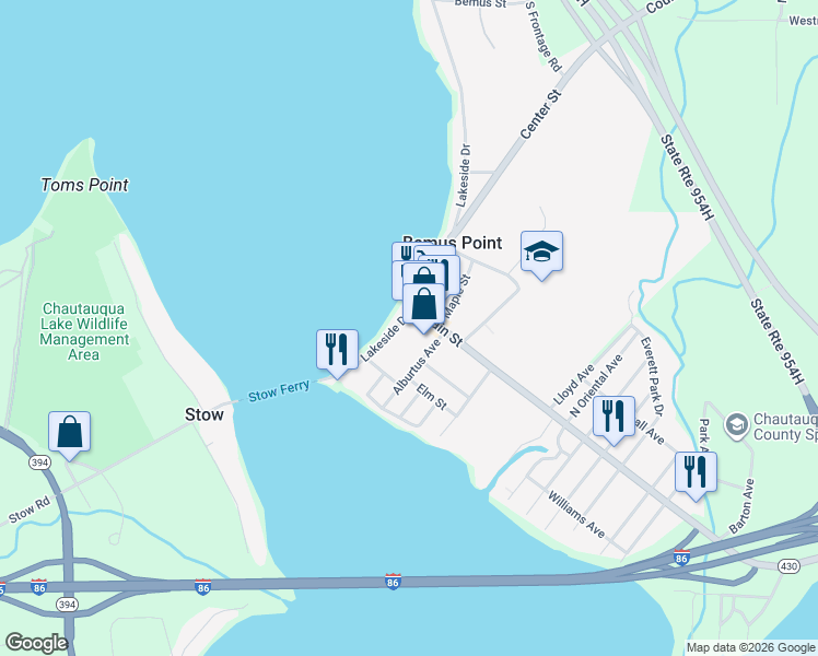 map of restaurants, bars, coffee shops, grocery stores, and more near 50 Lakeside Drive in Bemus Point