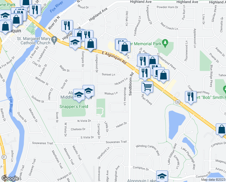 map of restaurants, bars, coffee shops, grocery stores, and more near 14 Walnut Lane in Algonquin