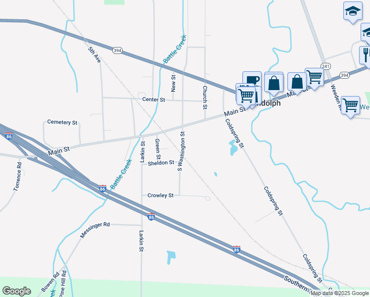 map of restaurants, bars, coffee shops, grocery stores, and more near 29 South Washington Street in Randolph