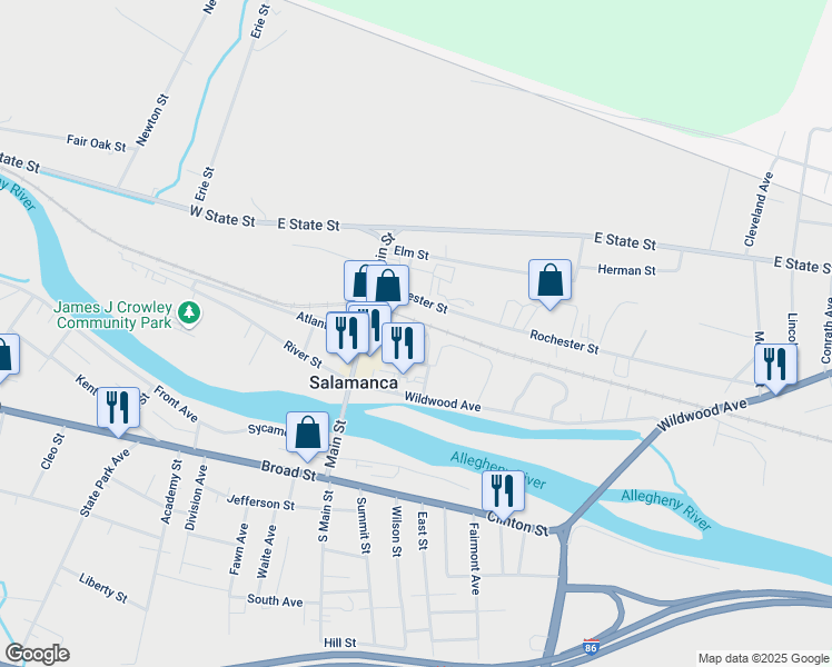 map of restaurants, bars, coffee shops, grocery stores, and more near 35 Church Street in Salamanca