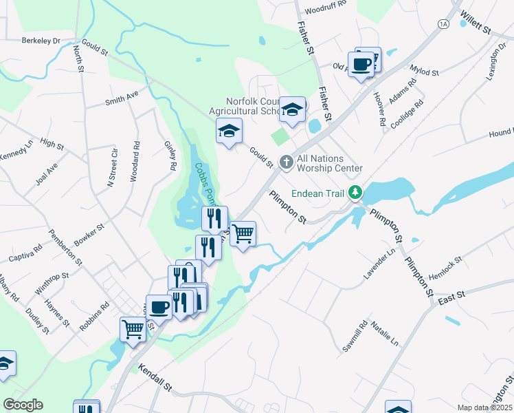 map of restaurants, bars, coffee shops, grocery stores, and more near 495 Main Street in Walpole