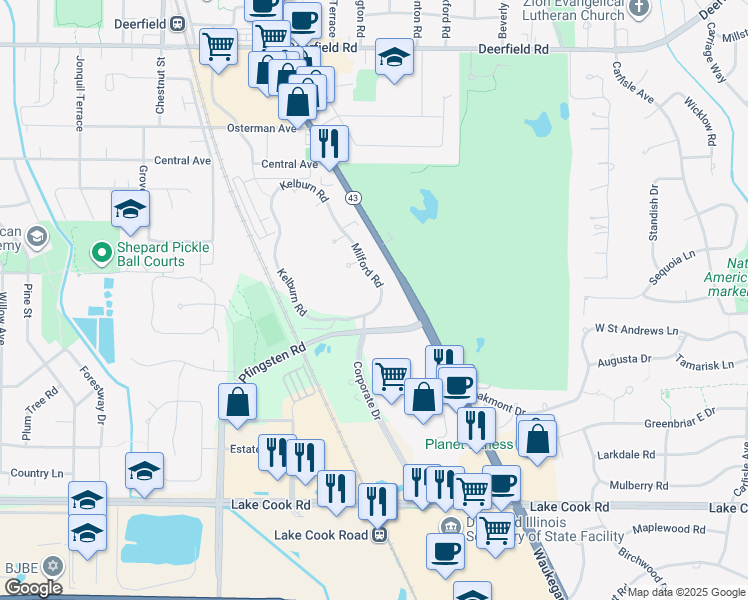 map of restaurants, bars, coffee shops, grocery stores, and more near 378 Milford Road in Deerfield
