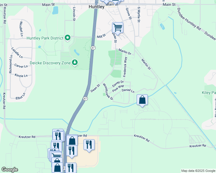 map of restaurants, bars, coffee shops, grocery stores, and more near 11727 Davey Drive in Huntley