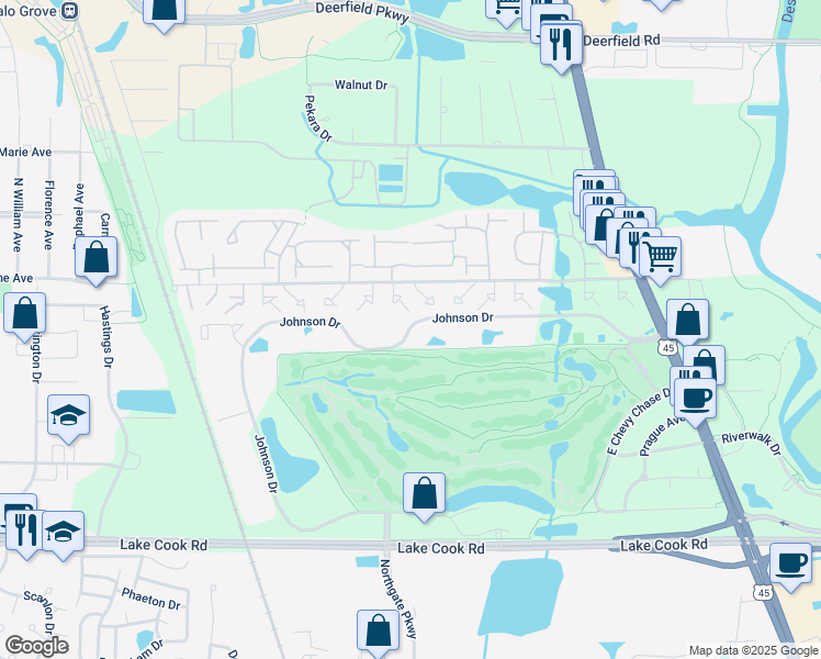 map of restaurants, bars, coffee shops, grocery stores, and more near 1335 Johnson Drive in Buffalo Grove