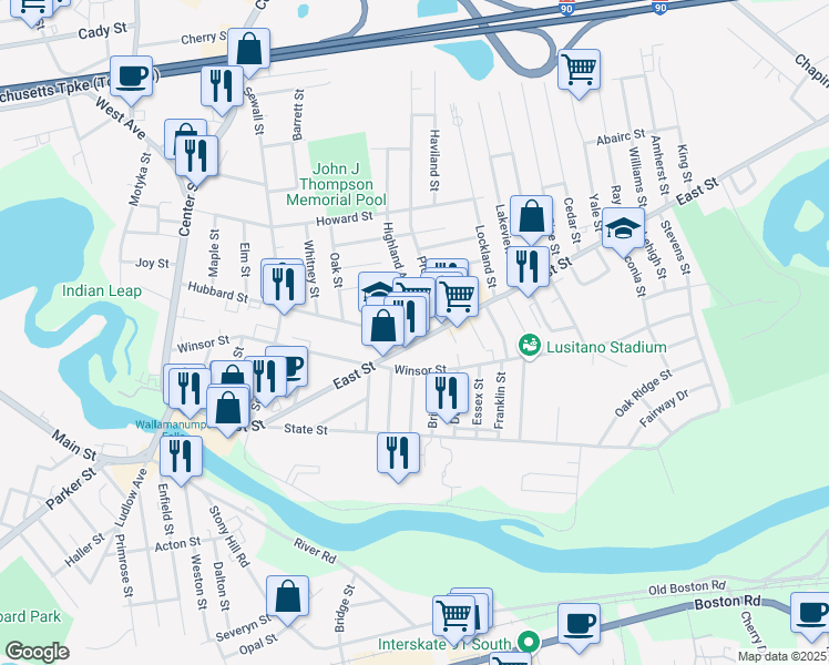 map of restaurants, bars, coffee shops, grocery stores, and more near 263 East Street in Ludlow