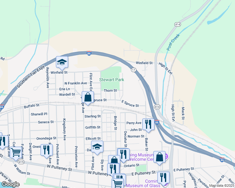 map of restaurants, bars, coffee shops, grocery stores, and more near 286 Bridge Street in Corning