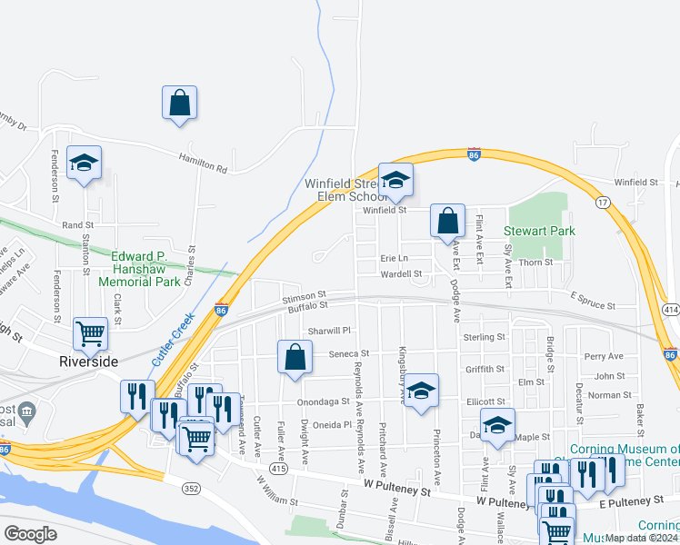 map of restaurants, bars, coffee shops, grocery stores, and more near 47 Stimson Street in Corning