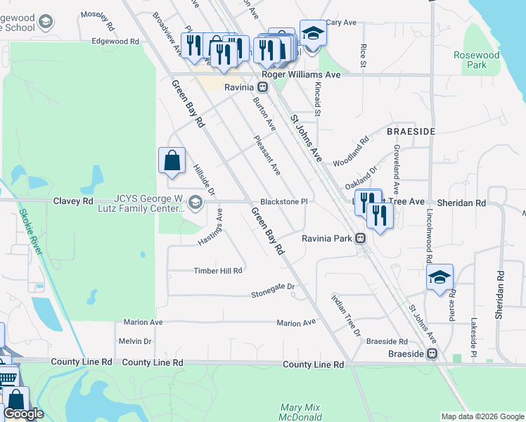 map of restaurants, bars, coffee shops, grocery stores, and more near 355 Green Bay Road in Highland Park