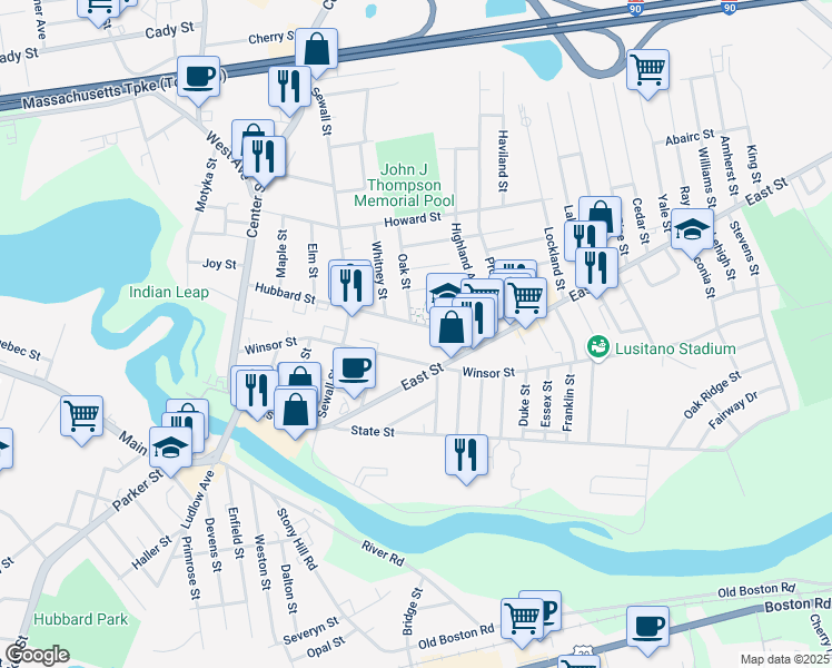 map of restaurants, bars, coffee shops, grocery stores, and more near 208 Hubbard Street in Ludlow