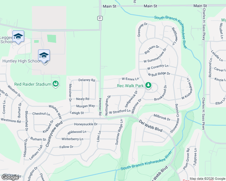 map of restaurants, bars, coffee shops, grocery stores, and more near 13263 Stonebridge Lane in Huntley
