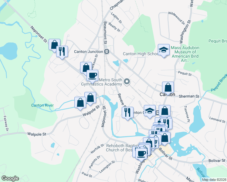 map of restaurants, bars, coffee shops, grocery stores, and more near 272-300 Revere Street in Canton