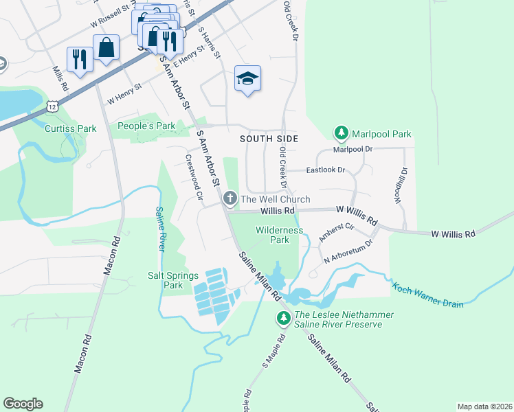map of restaurants, bars, coffee shops, grocery stores, and more near 279 Willis Road in Saline