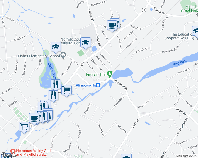 map of restaurants, bars, coffee shops, grocery stores, and more near 31 Fairmont Street in Walpole
