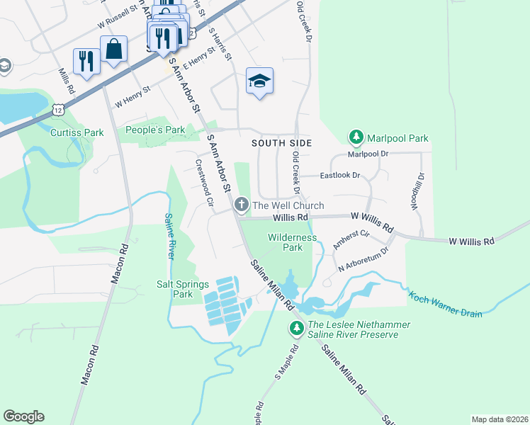 map of restaurants, bars, coffee shops, grocery stores, and more near 279 Willis Road in Saline