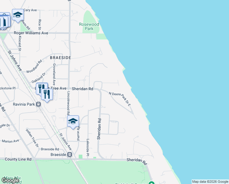 map of restaurants, bars, coffee shops, grocery stores, and more near 369 North Deere Park Drive East in Highland Park