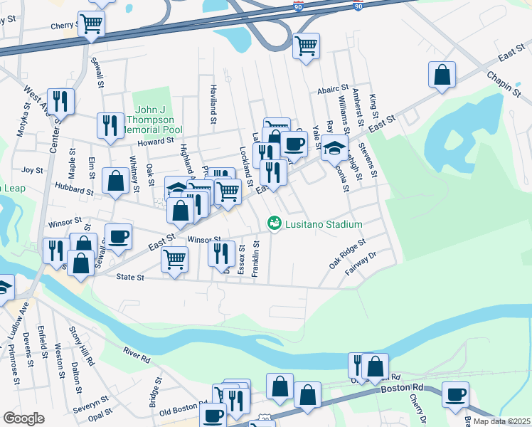 map of restaurants, bars, coffee shops, grocery stores, and more near 41 Warren Street in Ludlow