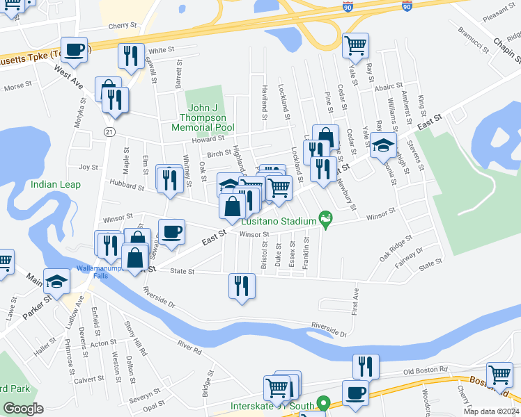 map of restaurants, bars, coffee shops, grocery stores, and more near 300-302 East Street in Ludlow