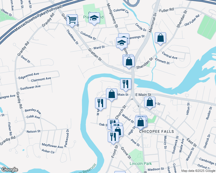 map of restaurants, bars, coffee shops, grocery stores, and more near in Chicopee