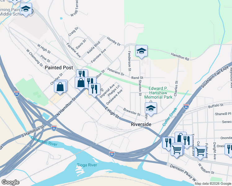 map of restaurants, bars, coffee shops, grocery stores, and more near 343 Delaware Avenue in Painted Post