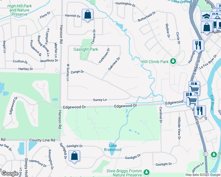map of restaurants, bars, coffee shops, grocery stores, and more near 1005 Zange Drive in Algonquin