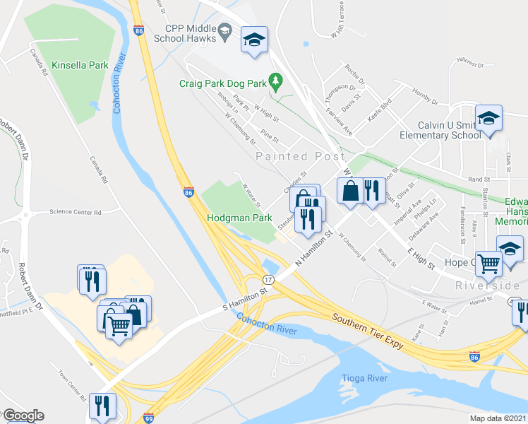 map of restaurants, bars, coffee shops, grocery stores, and more near 3 Charles Street in Painted Post