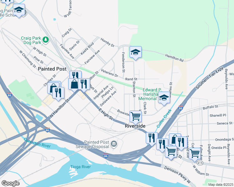 map of restaurants, bars, coffee shops, grocery stores, and more near 370 Delaware Avenue in Painted Post