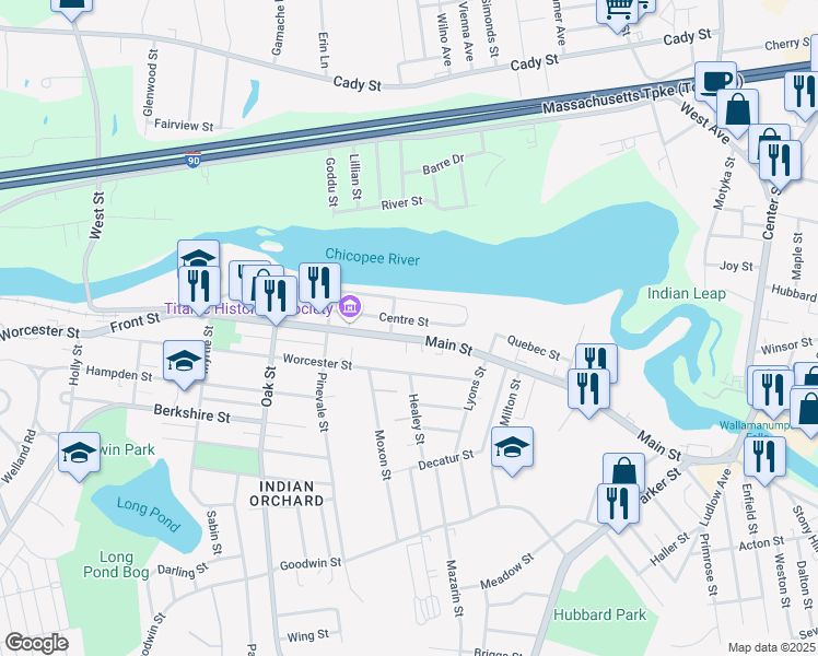 map of restaurants, bars, coffee shops, grocery stores, and more near 243 Main Street in Springfield