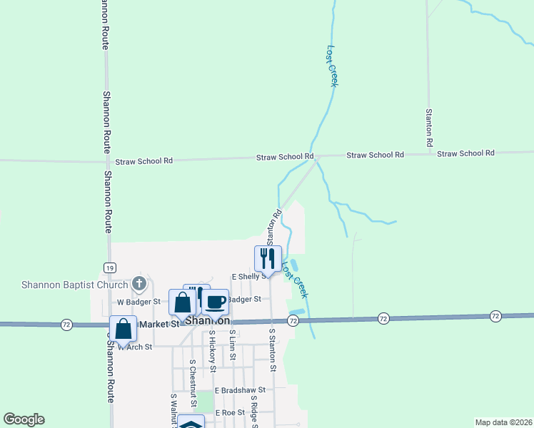 map of restaurants, bars, coffee shops, grocery stores, and more near 407 North Stanton Street in Shannon