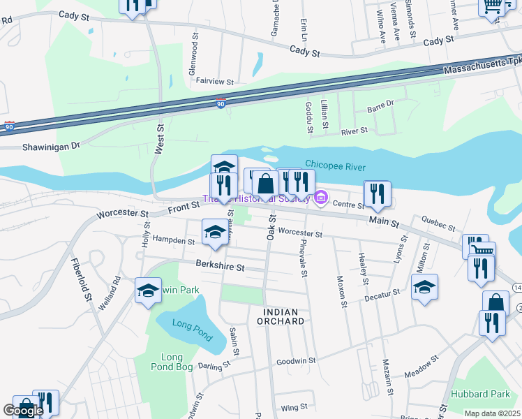 map of restaurants, bars, coffee shops, grocery stores, and more near 135 Main Street in Springfield