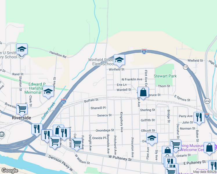 map of restaurants, bars, coffee shops, grocery stores, and more near 292b Reynolds Avenue in Corning