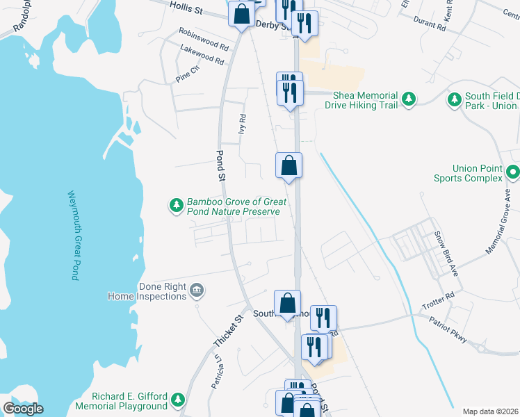 map of restaurants, bars, coffee shops, grocery stores, and more near 47 Abbott Street in Weymouth