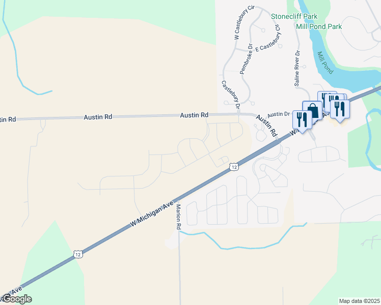 map of restaurants, bars, coffee shops, grocery stores, and more near 8808 West Michigan Avenue in Saline