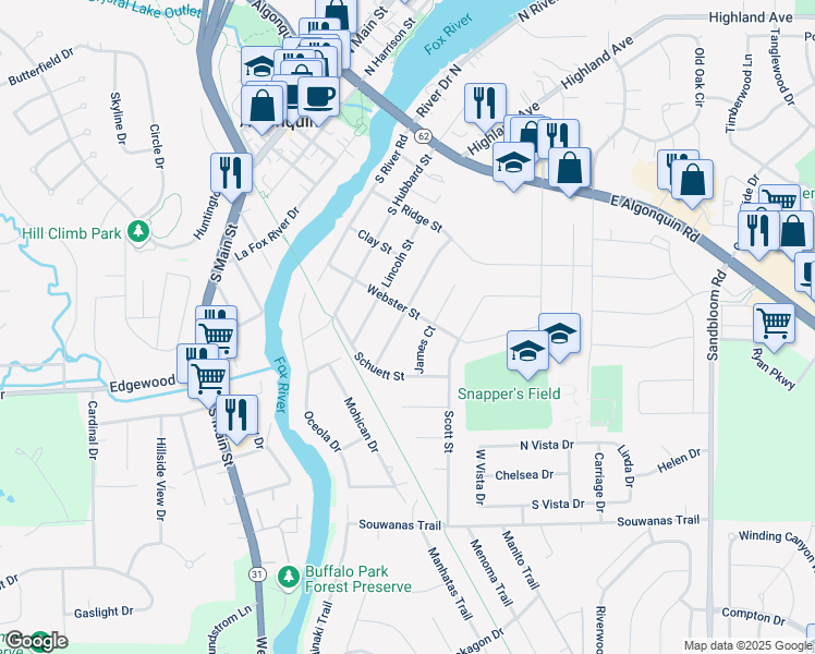 map of restaurants, bars, coffee shops, grocery stores, and more near 509 James Court in Algonquin