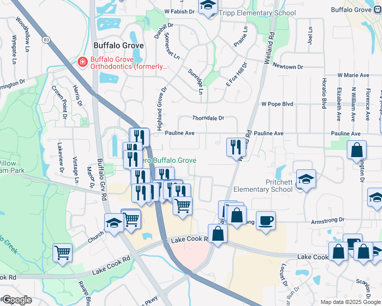 map of restaurants, bars, coffee shops, grocery stores, and more near 43 Buckingham Lane in Buffalo Grove