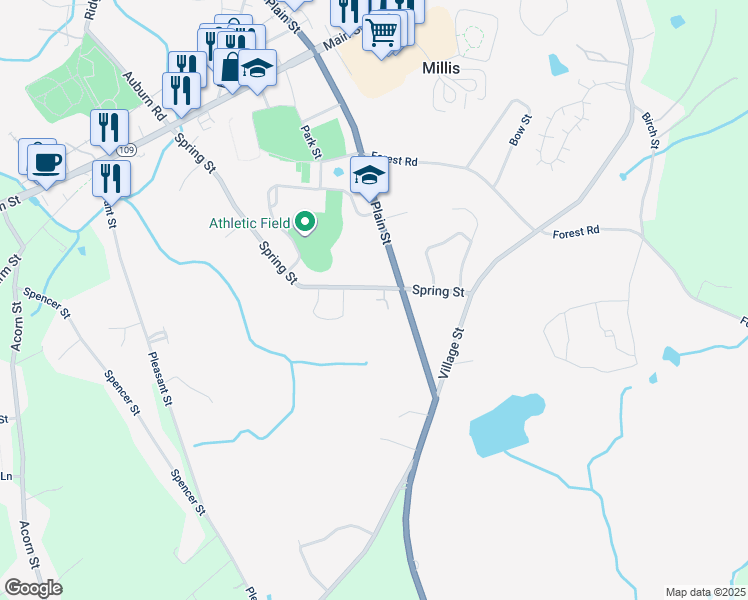 map of restaurants, bars, coffee shops, grocery stores, and more near 6 Meadowbrook Road in Millis