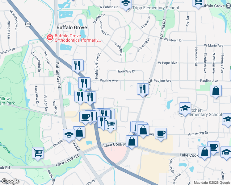 map of restaurants, bars, coffee shops, grocery stores, and more near 43 Buckingham Lane in Buffalo Grove