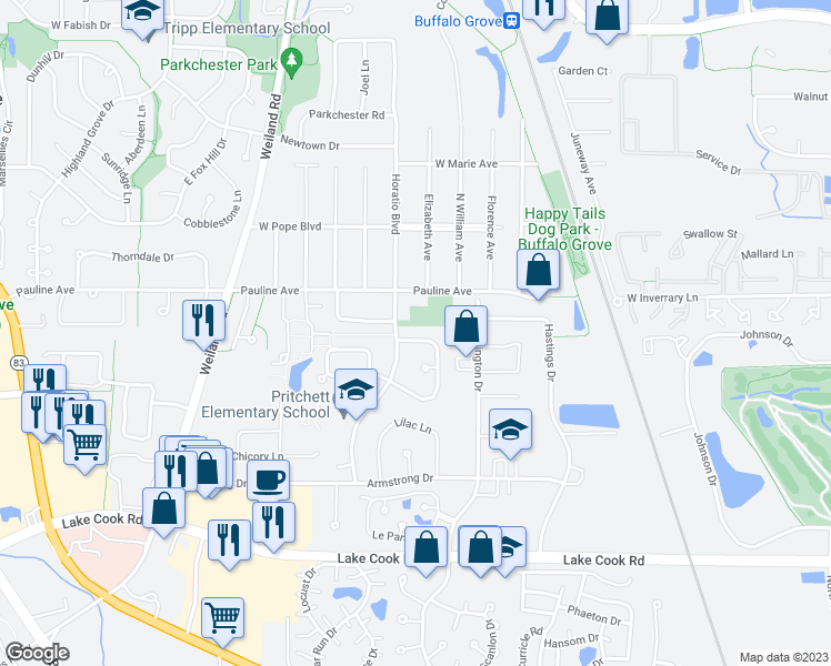 map of restaurants, bars, coffee shops, grocery stores, and more near 650 Buckthorn Terrace in Buffalo Grove